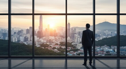 Fototapeta premium Businessman looking at the city skyline through a large office window at sunset