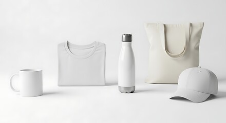 Neutral arrangement presents a clean white mug, t-shirt, bottle, tote bag, and cap mockup.