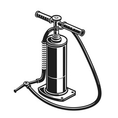 Monochrome vector illustration of a vintage hand air pump with a pressure hose, isolated on a white background.