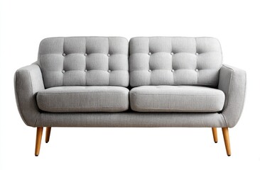 Light grey fabric loveseat with button tufting, mid-century modern style wooden legs, isolated on white background