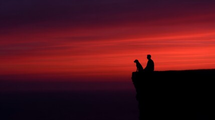 A serene sunset captures a couple sitting on a cliff. The vibrant colors create a romantic atmosphere, perfect for nature lovers and photography enthusiasts. Ideal for personal or professional use. AI