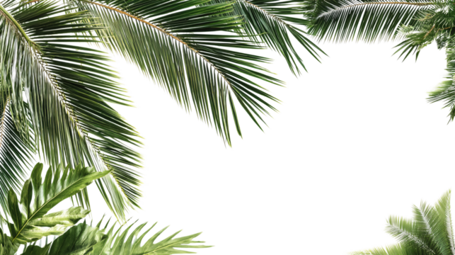 Lush palm fronds and tropical leaves, botanical frame element on transparent background