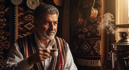 Thoughtful Mature Man Drinking Hot Beverage in Traditional Setting