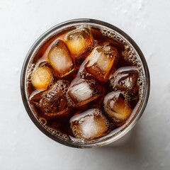 Glass of Dark Liquid with Ice Cubes, Overhead View