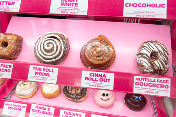 A wide variety of delicious donuts are beautifully displayed in a case