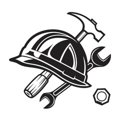 Black and white vector illustration of a safety helmet with a crossed hammer and wrench, a monochrome emblem for the construction industry and repair services.