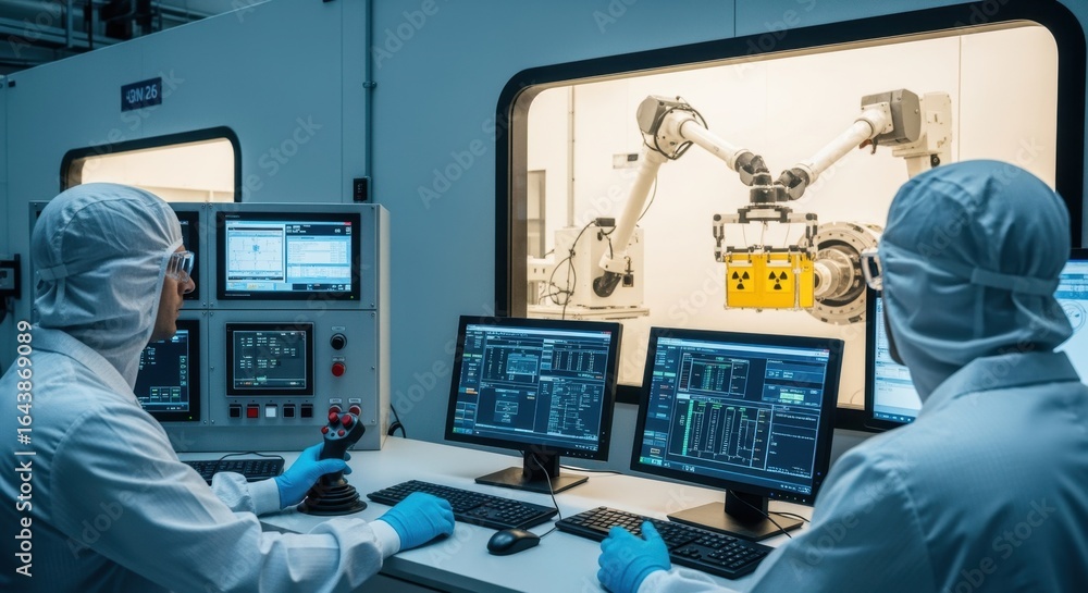 Aufkleber engineers calibrating remote manipulators inside a centralized hotcell lab dedicated to producing me