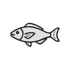 Isolated gray fish illustration with blue accents on black