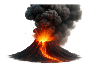 Powerful volcano eruption with glowing lava and dark smoke.