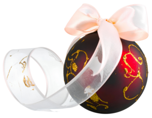 Red Christmas ball with a beautiful bow and a golden pattern. christmas design isolated on transparent background.
