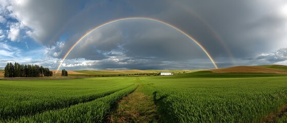 Naklejka premium Green Field with Double Rainbow Under Cloudy Sky