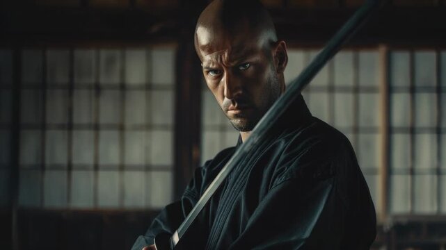A man holds a sword in his hand, ready for battle or defense