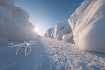 ultramodern drone surveys movement of ice in arctic surrounded by towering icebergs under bright sun