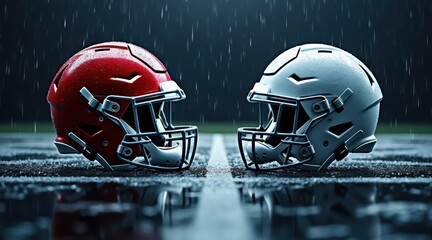 Two football helmets facing each other on a wet field