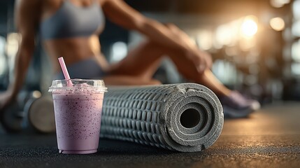 Closeup of a berry smoothie in plastic cup with straw next to foam roller and gym woman in background, symbolizing healthy fitness lifestyle and post workout nutrition
