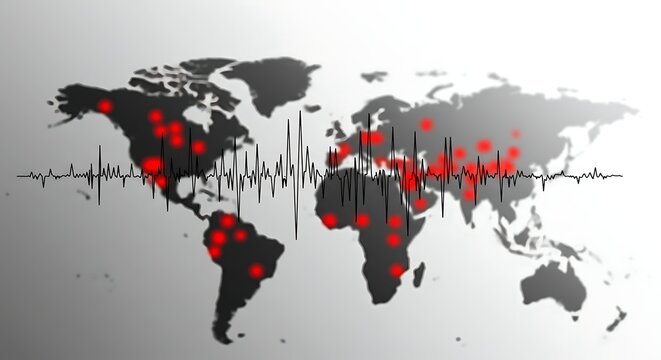 World Map with Seismic Wave and Red Dots on Gray Background - Powered by Adobe