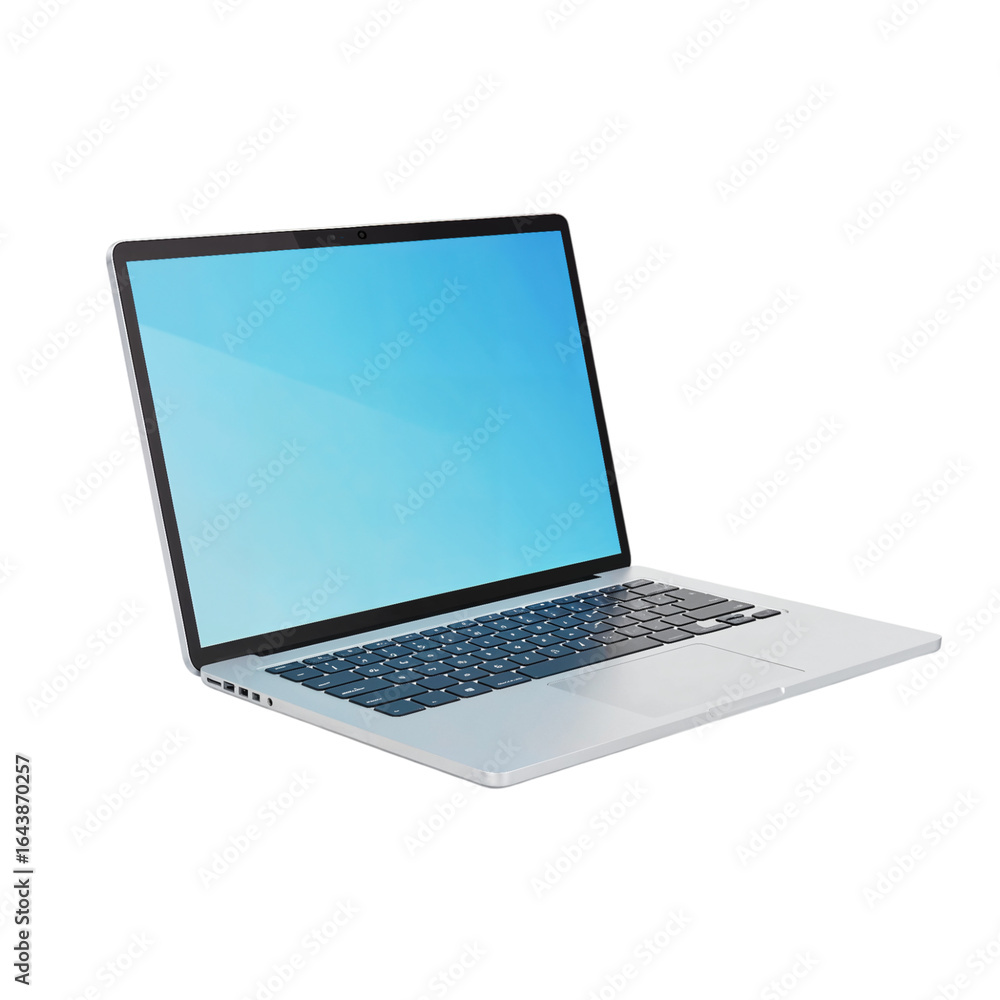Poster modern silver laptop computer with a bright blue screen open and ready for use isolated on transpare