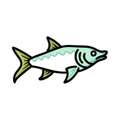 Cartoon skeletal fish on black background, side view illustration
