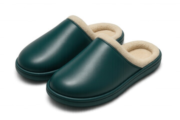 Cozy green slippers featuring soft beige fur lining, resting on clean transparent backdrop