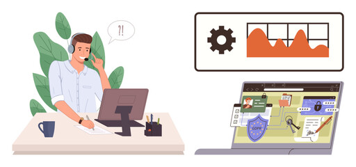 Support agent wearing a headset working on cybersecurity data at a desk. Charts, graphs, and laptop depicting security tools. Ideal for IT, helpdesk, data analysis, online protection, risk