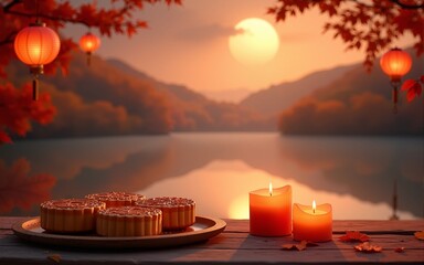 Mooncakes, candles, and lantern celebrating mid autumn festival by lake. High quality