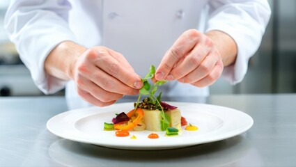 Chef hands preparing gourmet dish, adding microgreens for elegant restaurant plating&mdash;fine dining, haute cuisine, culinary art, professional kitchen and luxury food presentation