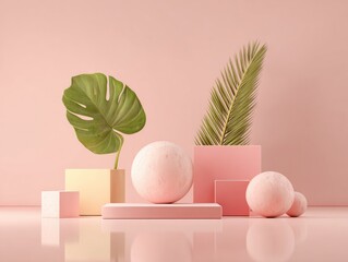 Fototapeta premium Pastel pink and yellow geometric shapes, two pink spheres, a monstera leaf, and a palm frond create a minimalist, elegant still life against a pale pink backdrop with subtle reflections