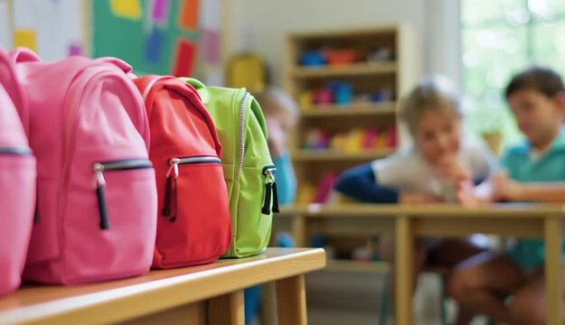 Row of colorful children's backpacks lined up on wooden bench in kindergarten classroom, bright rainbow colors including red orange yellow green blue pink purple, small kid-sized school bags with zi