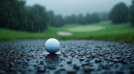 Golf ball resting on wet gravel path during a rainy day on the course