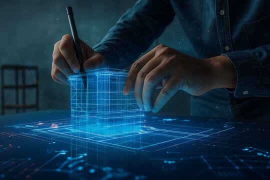 Futuristic Architect Designing with Advanced Technology Interface, Blueprints and Innovative Holographic Building