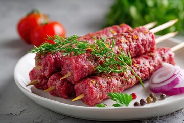 Fototapeta premium Skewered raw meat logs on a plate garnished with herbs onion slices tomatoes and peppercorns