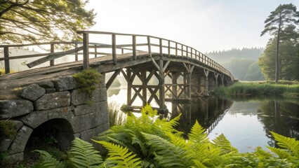 Rustic wooden arched bridge over a calm lake surrounded by lush green ferns and trees