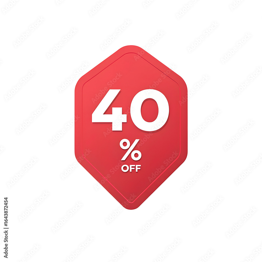 Poster red hexagonal tag with 40 percent off discount isolated on transparent background