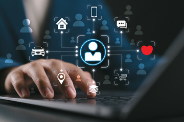 Customer big data analysis and marketing strategy. Targeted customer profiling and behavioral analysis. Analyst using laptop to analyze customer data.