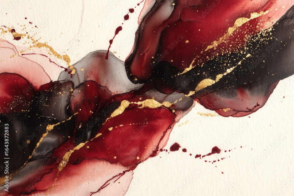Poster abstract artwork featuring a blend of deep red, black, and golden hues with dynamic flowing patterns