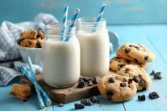Two glass milk bottles with straws, accompanied by chocolate chip cookies on a rustic blue wooden surface