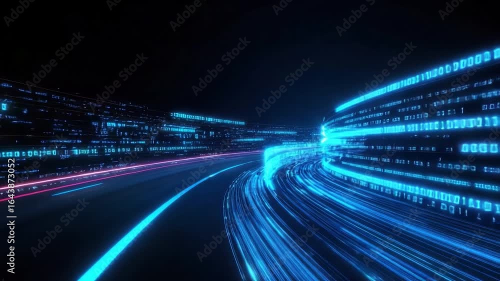 Poster dynamic blue and red digital stream representing data flow and technology advancements in a futurist