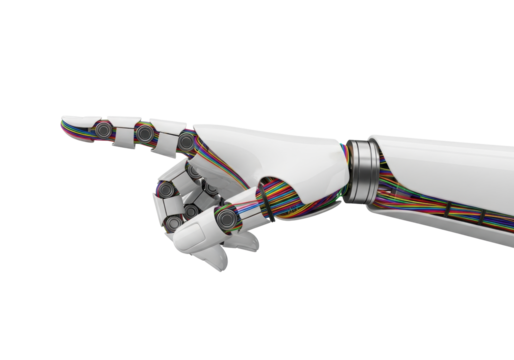 transparent robotic hand with articulated fingers, intricate rainbow wires, and sleek metallic texture, posed with index finger pointing left against a stark transparent background under bright - Powered by Adobe