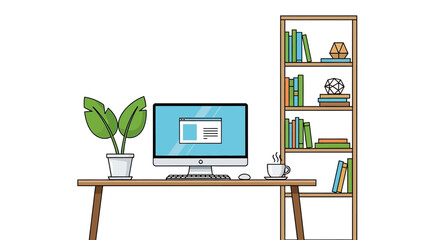 Modern Home Office Setup with Computer, Plant, and Bookshelf - Illustration