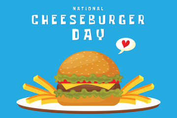 National Cheeseburger Day poster with burger and fries illustration.