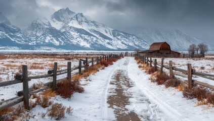 Snowy landscape featuring a rustic barn nestled in a valley, flanked by a split-rail fence along a snow-dusted path, with a majestic snow-capped mountain range as a dramatic backdrop under a moody sky