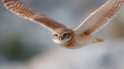 A majestic owl in flight, showcasing its beautiful wings and keen eyes. This image captures the grace of this creature in a natural setting. Ideal for nature lovers and wildlife enthusiasts. AI