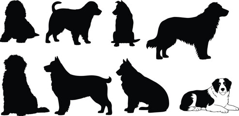 Dog silhouette vector collection, various breeds in black and white, sitting, standing, laying poses, perfect for pet illustrations, design.