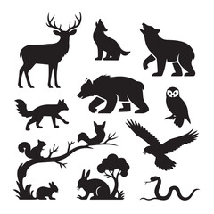 Obraz premium Vector art of collection of various wild animal silhouettes including deer, bear, wolf, fox, owl, snake, squirrel, and rabbit, isolated on white background