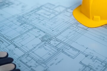 Construction Blueprint with Yellow Hardhat Offering a Close-up View for Engineering Designs