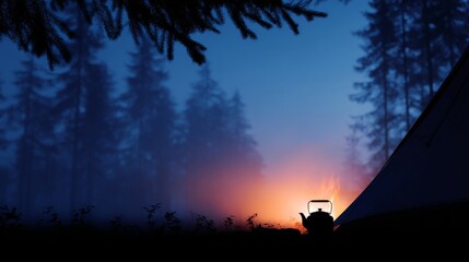 A peaceful campsite in the woods at night. Soft blue mist surrounds a tent. A gentle glow emerges from the campfire. Perfect for outdoor lovers. Experience tranquility in nature. AI