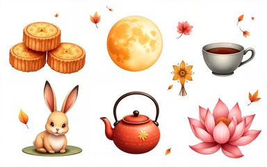 Asian Mid autumn festival elements. Vietnamese, Chinese, Korean culture watercolor paintings. Moon cakes, tea pot and cup, lotus flower, cute rabbit watercolor illustrations. Traditional festival.
