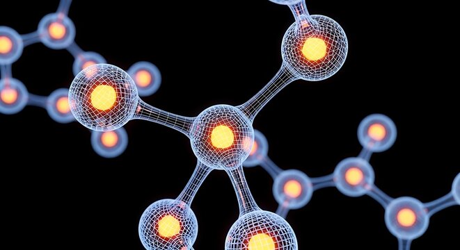 Glowing atomic molecular structure with orange cores and wireframe spheres molecule - Powered by Adobe