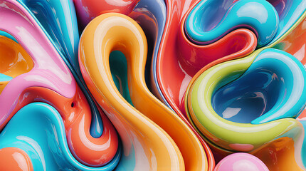 Abstract slime background with neon colors. Colorful glossy liquid Abstract with flowing waves and 3D spheres on pastel background