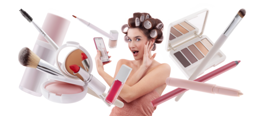 Happy Woman with Hair Curlers Holding Smartphone with Makeup Products – Online Shopping Advertising Banner for Beauty Store Deal